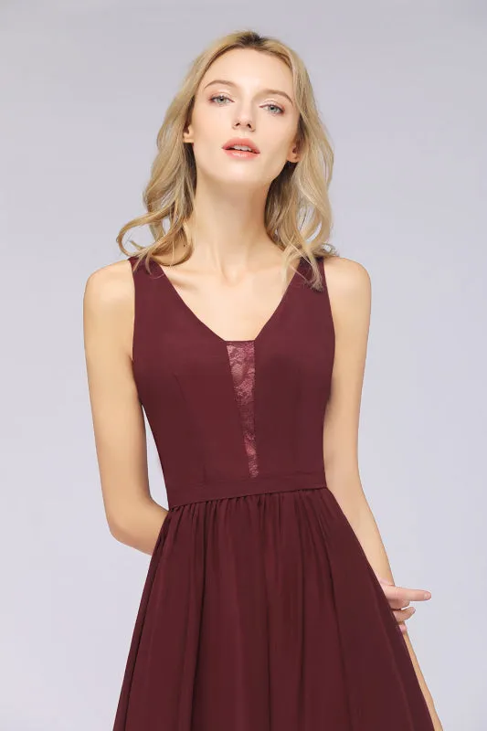 Chic Ruffles Straps Lace Chiffon Burgundy Bridsmaid Dress