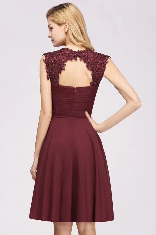 Chiffon Round Neck Short Bridesmaid Dresses with Appliques