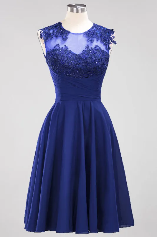 Chiffon Round Neck Short Bridesmaid Dresses with Appliques
