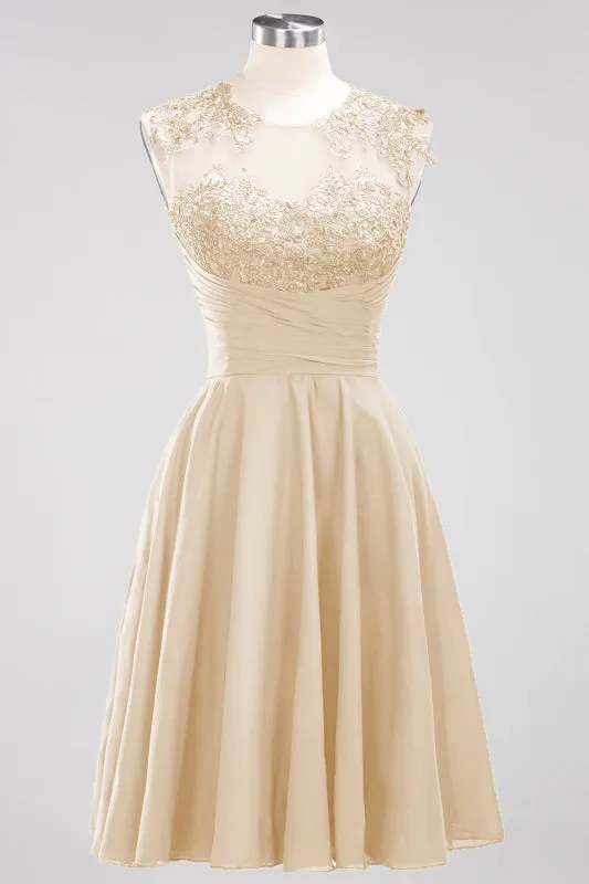 Chiffon Round Neck Short Bridesmaid Dresses with Appliques
