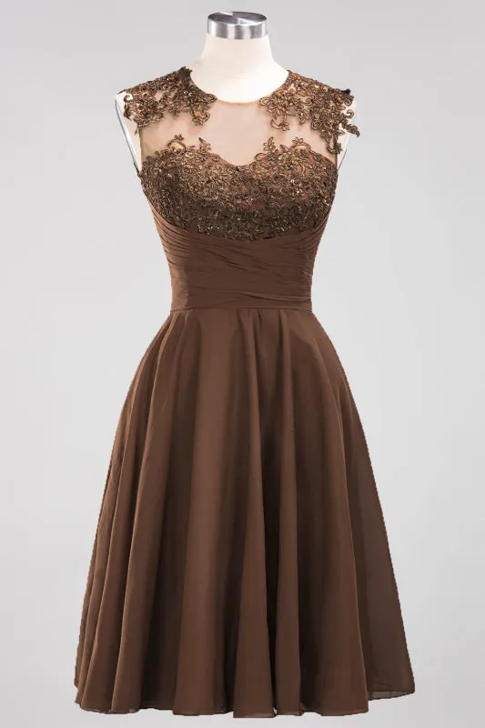 Chiffon Round Neck Short Bridesmaid Dresses with Appliques