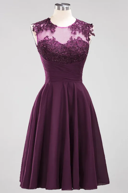 Chiffon Round Neck Short Bridesmaid Dresses with Appliques