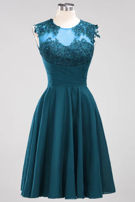 Chiffon Round Neck Short Bridesmaid Dresses with Appliques