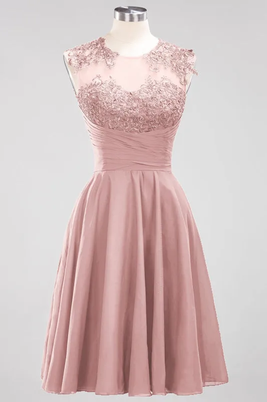 Chiffon Round Neck Short Bridesmaid Dresses with Appliques