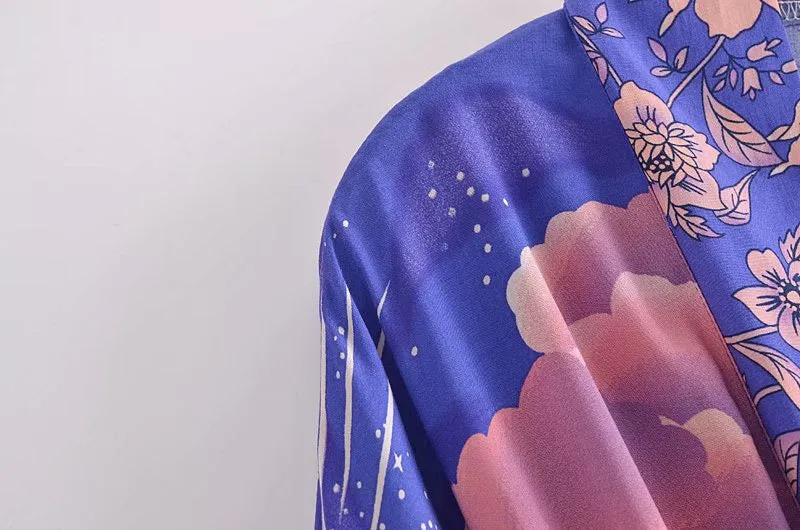 Mystic Blue Moon Starrynight Printed Beach Kimono