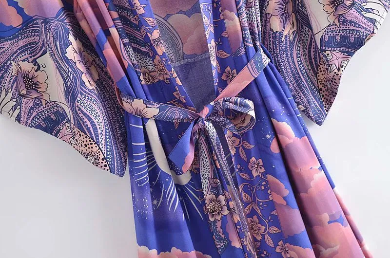 Mystic Blue Moon Starrynight Printed Beach Kimono