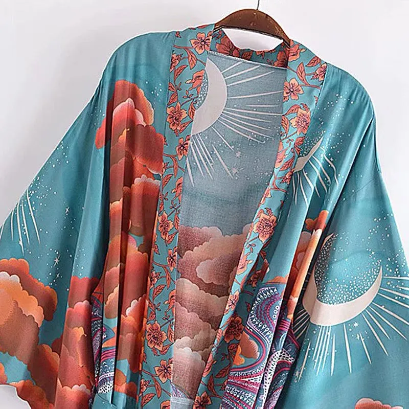 Mystic Moon Starry Sky Printed Beach Kimono