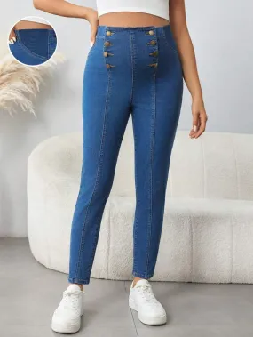 Pregnant Women's High Double Breasted Fashion Water Wash Jeans Leggings Pants Fall Jeans  S2433376